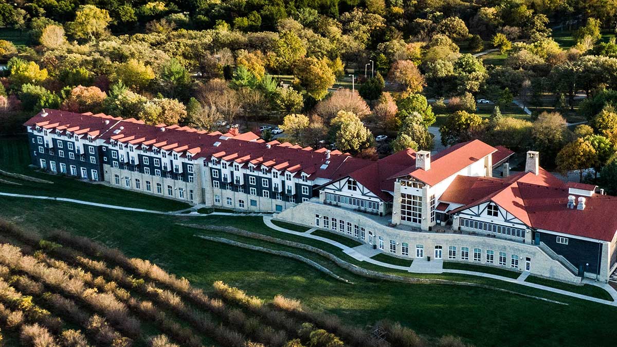 Overhead view of Lied Lodge during the fall