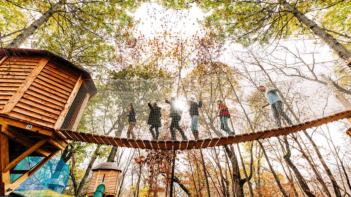A family playing in the treehouses at Treetop Village