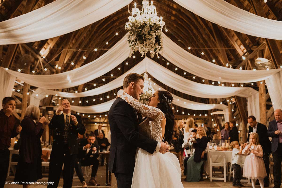 First Dance in Historic Barns as Guests Blow Bubbles