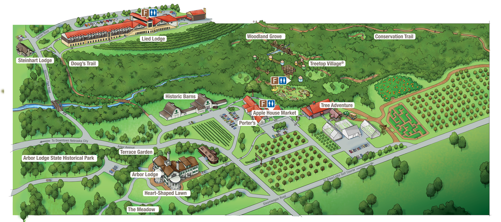 Map of a recreational area featuring major attractions, food options, and events, including Lied Lodge, Tree Adventure, and Historic Barns.