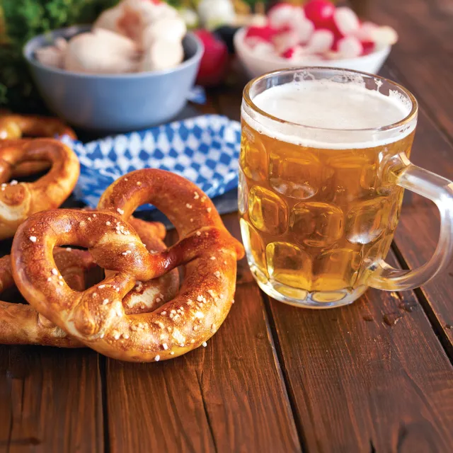 Beer and Pretzels on a wooden table