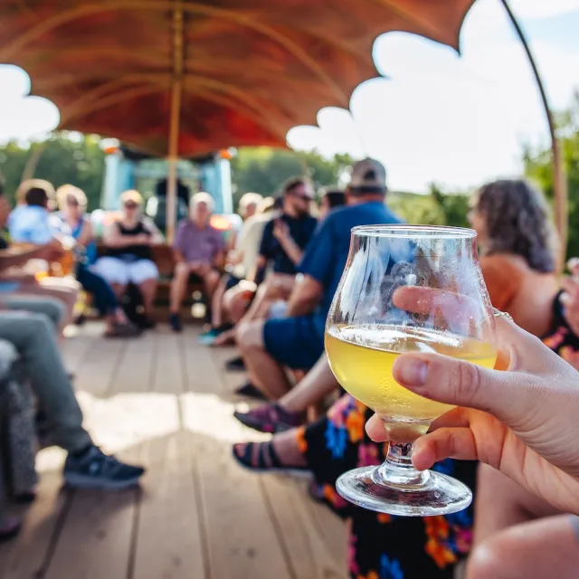 A group of people enjoying a sunny day on a wooden deck, holding drinks and sharing laughter under a decorative canopy.