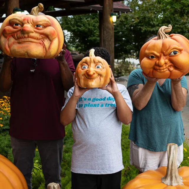Three individuals hold pumpkins in front of their faces, surrounded by vibrant flowers and pumpkins in a rustic outdoor setting.