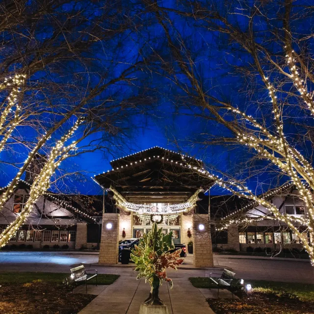 A hotel entrance adorned with twinkling lights, framed by leafless trees against a deep blue night sky. A floral arrangement stands center.
