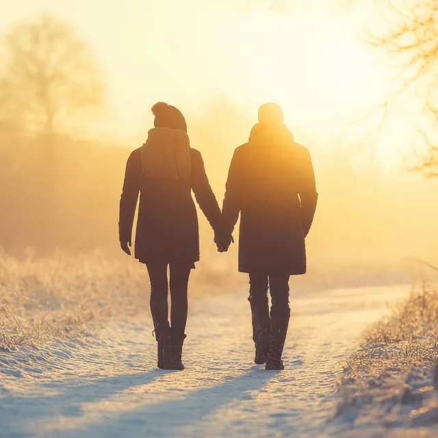 A couple holding hands walks down a snowy path, bathed in warm sunlight and surrounded by a serene winter landscape.