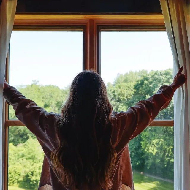 Girl opening a curtain in a hotel room to look outside. 