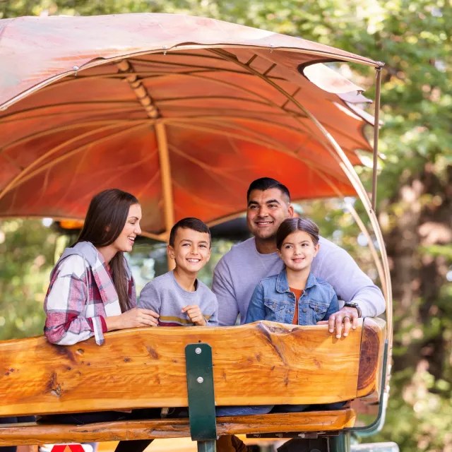 Family of four sitting on a wooden bench ride under an orange canopy, surrounded by green trees in a park setting.