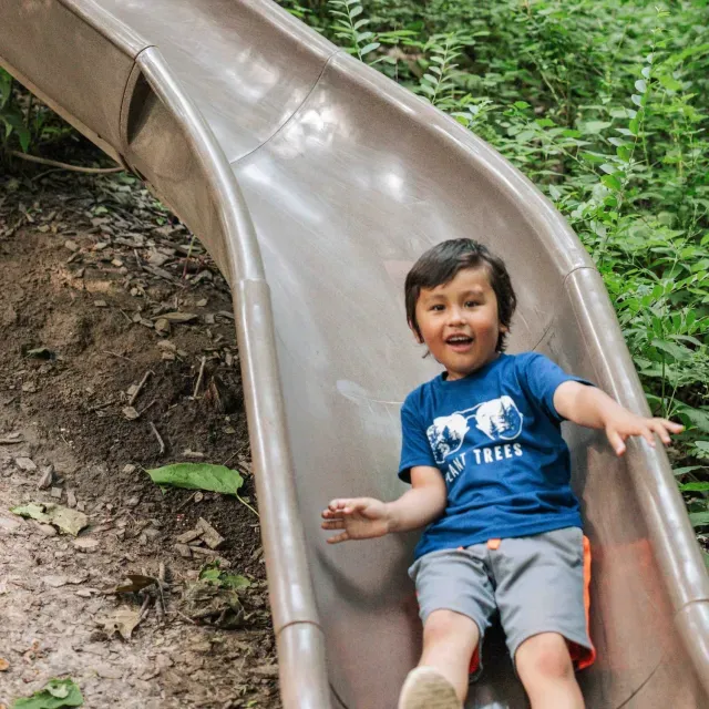 A child sliding down a slide outdoors