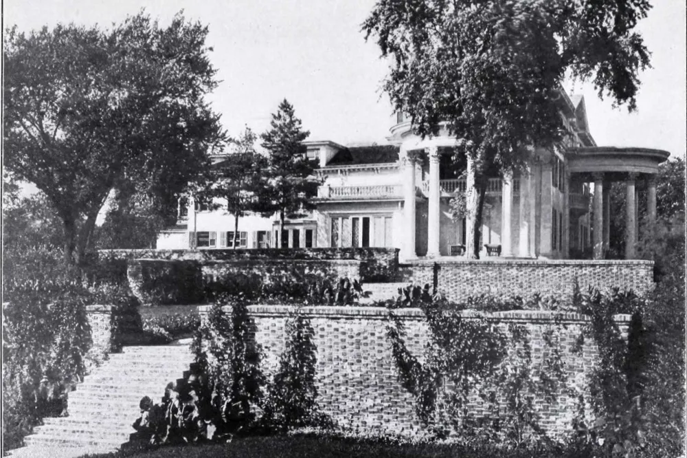 Arbor Day Farm mansion black and white photo