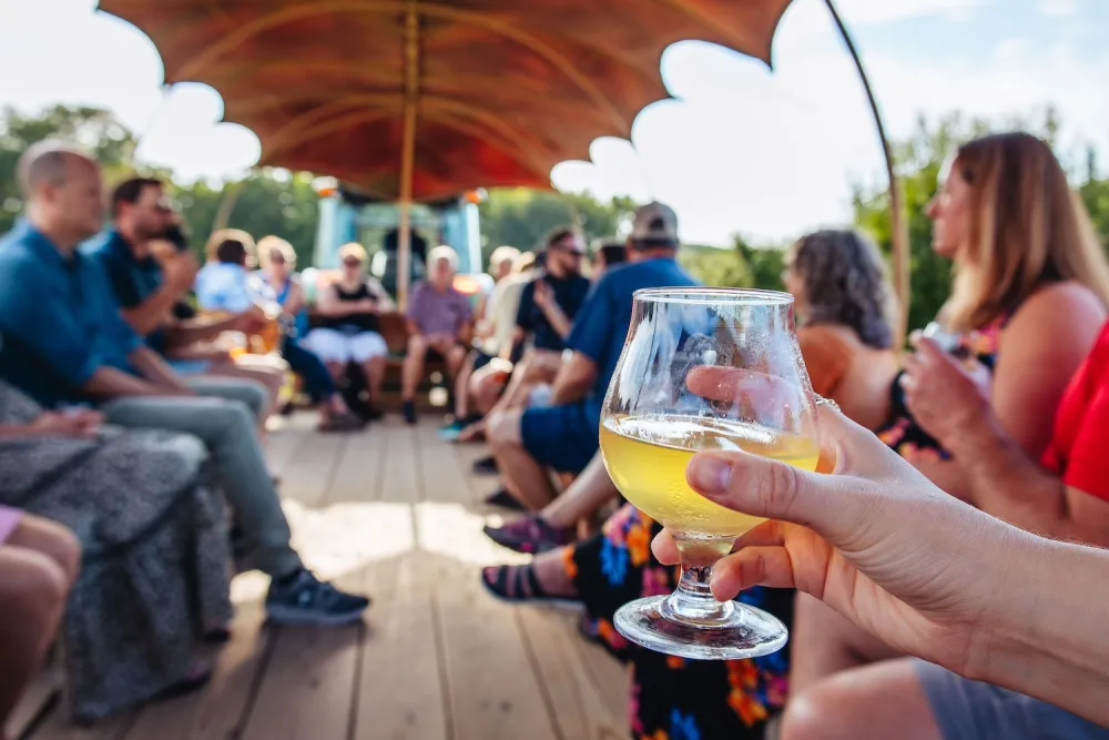 A group of people enjoying a sunny day on a wooden deck, holding drinks and sharing laughter under a decorative canopy.