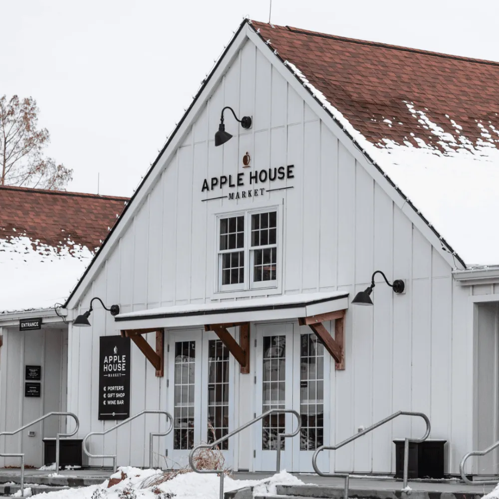 White building with a brown roof covered in snow that has begun melting. 