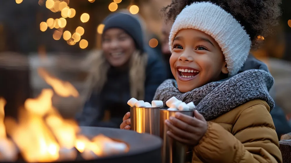 A child in a cozy jacket and scarf holds mugs filled with marshmallows, smiling by a warm fire surrounded by festive lights.