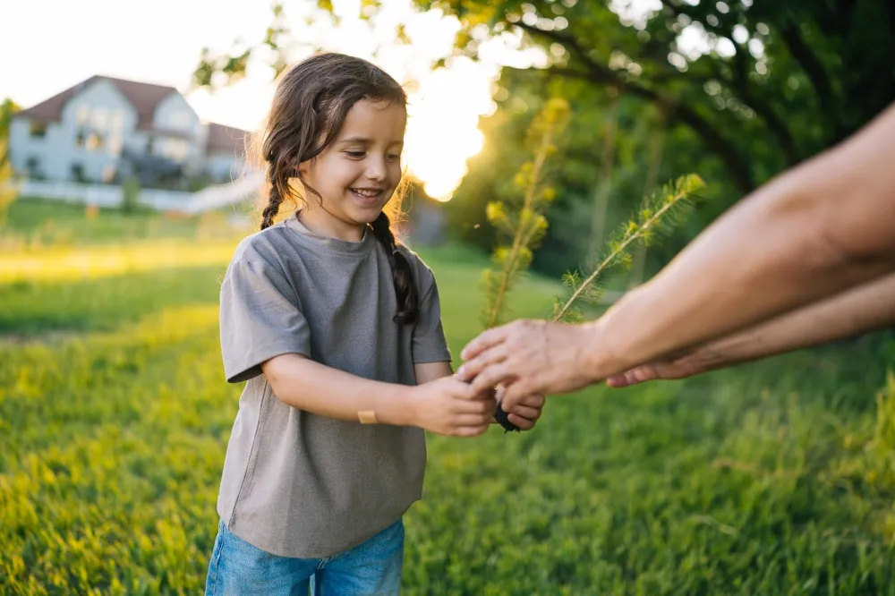 Little girl with braids in a t-shirt and jeans outside being handed a tree sapling by an adult in the sun.