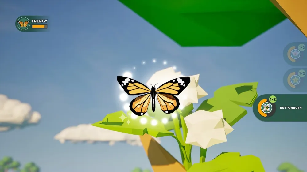 Screenshot from a butterfly-themed game showing a butterfly flying near geometric shapes and colorful rings with energy and progress bars.