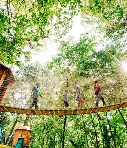 A group of people cross a rope bridge among lush green trees, sunlight filtering through the leaves, conveying a sense of adventure and joy.