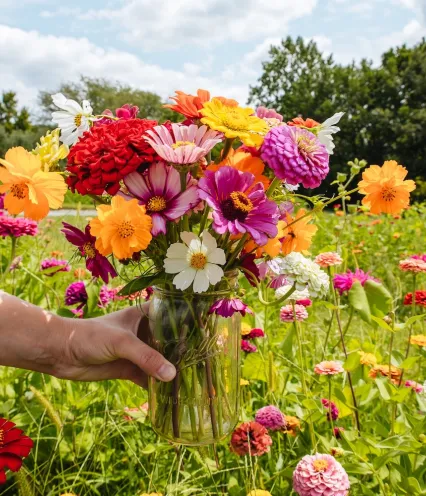 A hand holds a bouquet of vibrant flowers, including orange, red, pink, and white blooms, against a sunny field of similar blossoms and green trees.