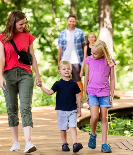 A family of five walking on a curved wooden path surrounded by lush green trees in a forest.