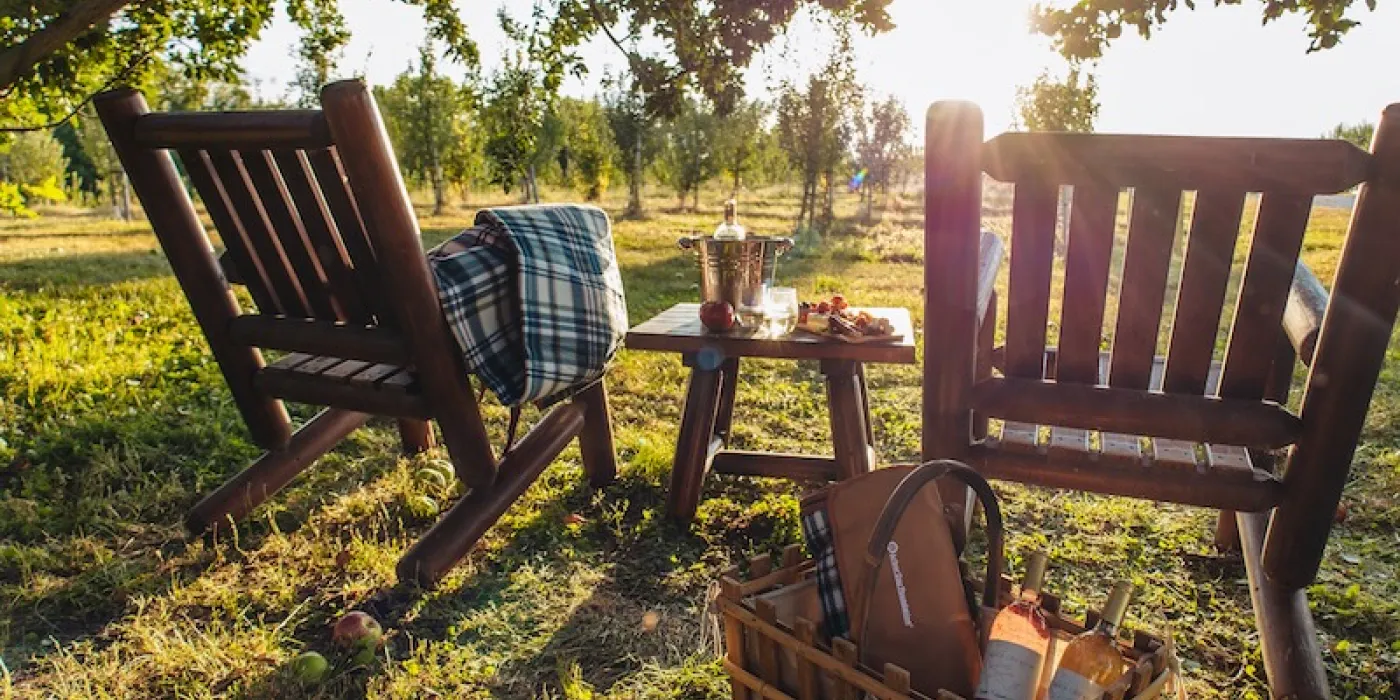 Two rustic wooden chairs with a plaid blanket, a table set with wine and snacks, and a picnic basket, all under a tree at sunset.