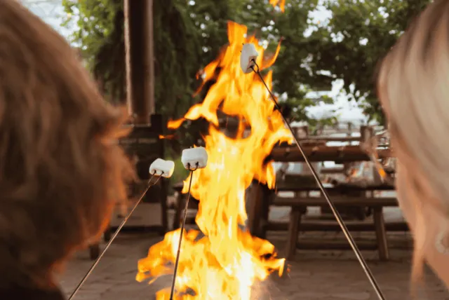 People sitting outdoors roasting marshmallows over a fire.