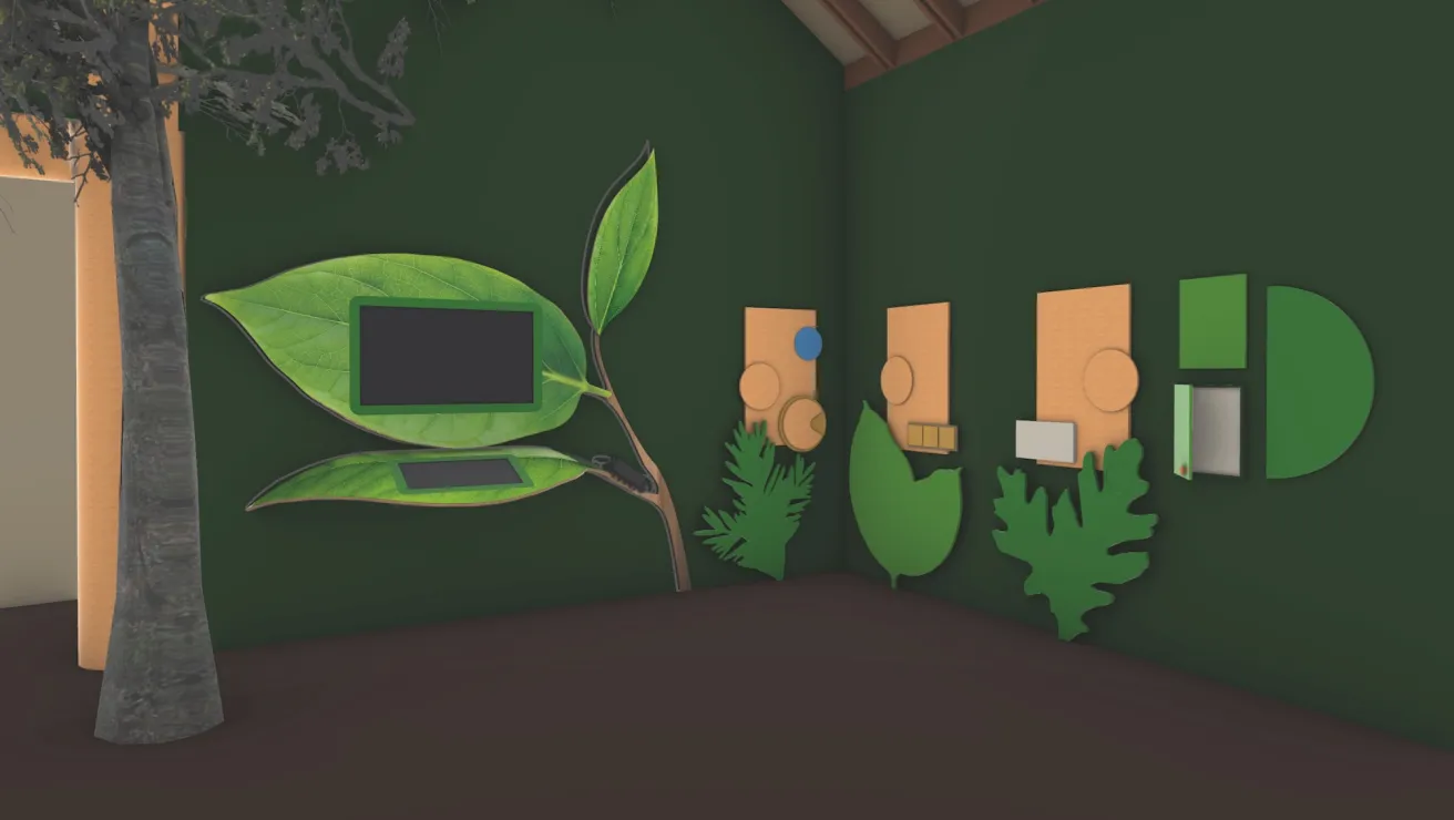 Green-walled room with leaf-shaped display screens, plant cutouts, and a tree trunk on the left.