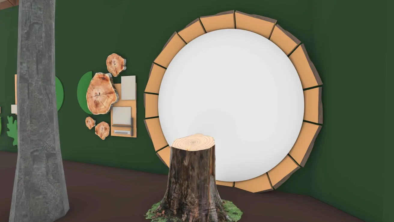 Round mirror with wooden frame on green wall, tree stump in front, and wood slice decorations to the side.