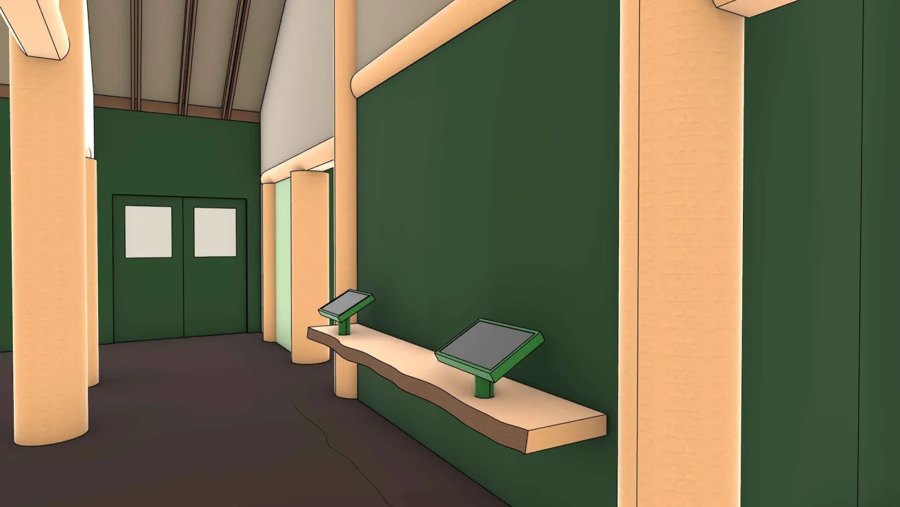 Interior view of a modern hallway with green walls, light wooden columns, and two digital kiosk screens mounted on a wooden shelf.