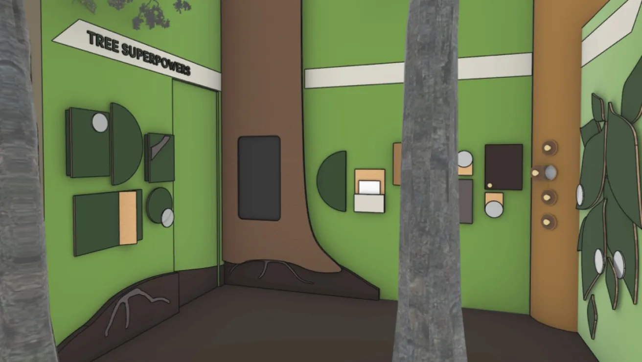 Interactive green exhibit titled "Tree Superpowers" with wood and leaf-shaped educational displays and tree trunks in the foreground.