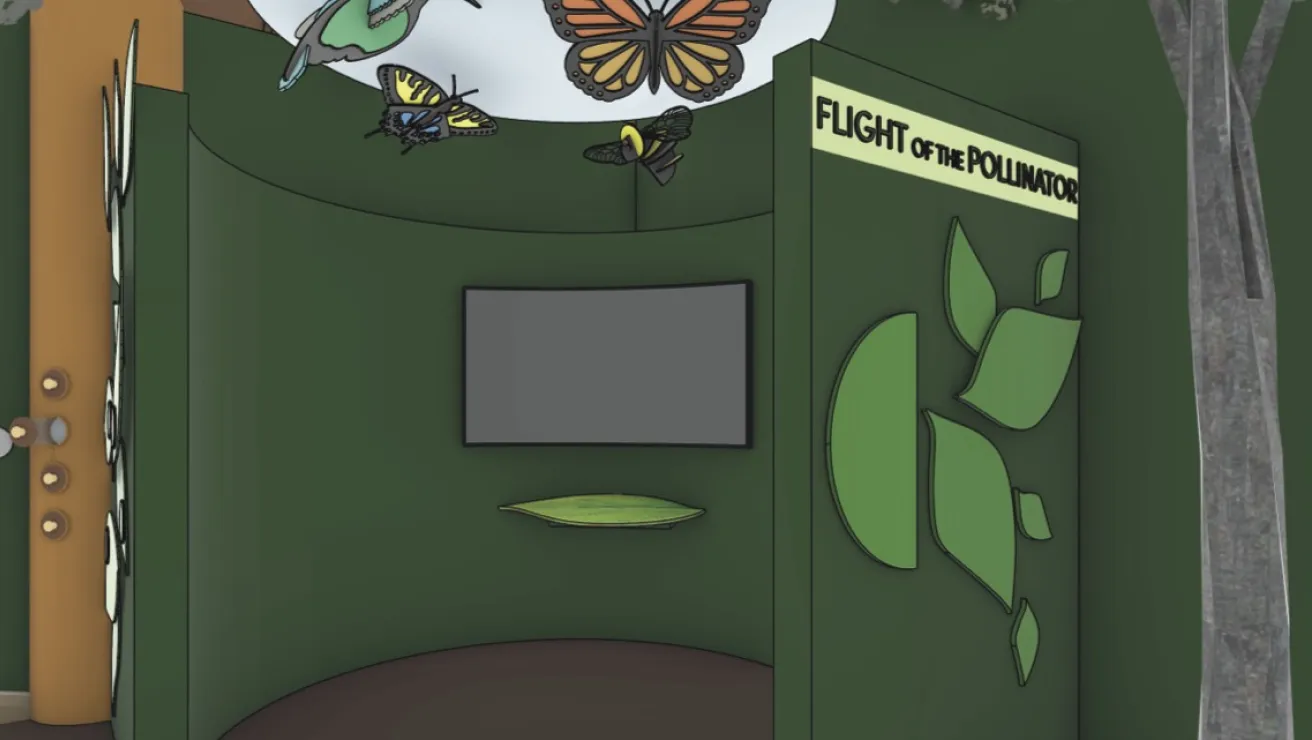 Exhibit corner titled "Flight of the Pollinator" with green walls, leaf decor, a screen, and hanging pollinator illustrations.