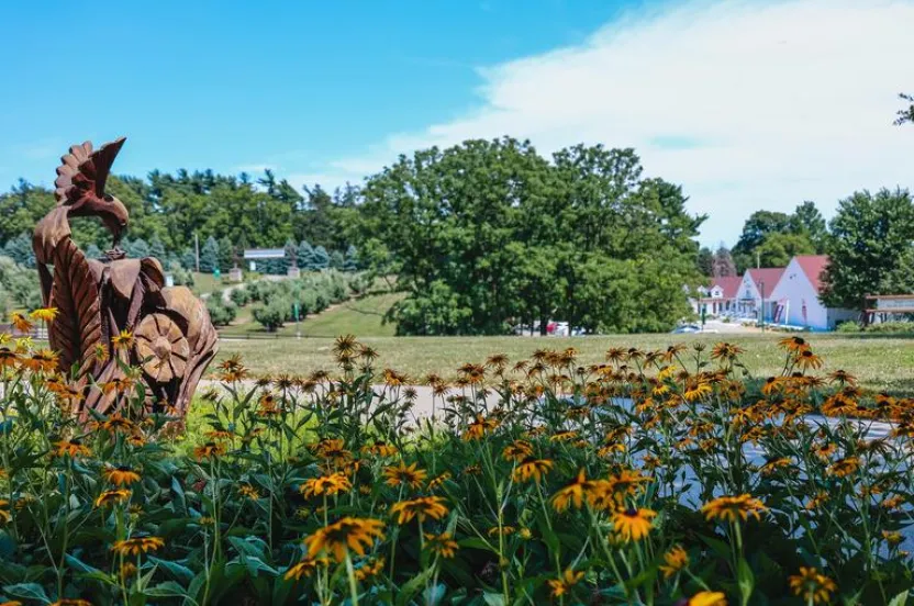 A wooden sculpture of a bird overlooks a vibrant patch of yellow flowers against a scenic hill and blue sky.