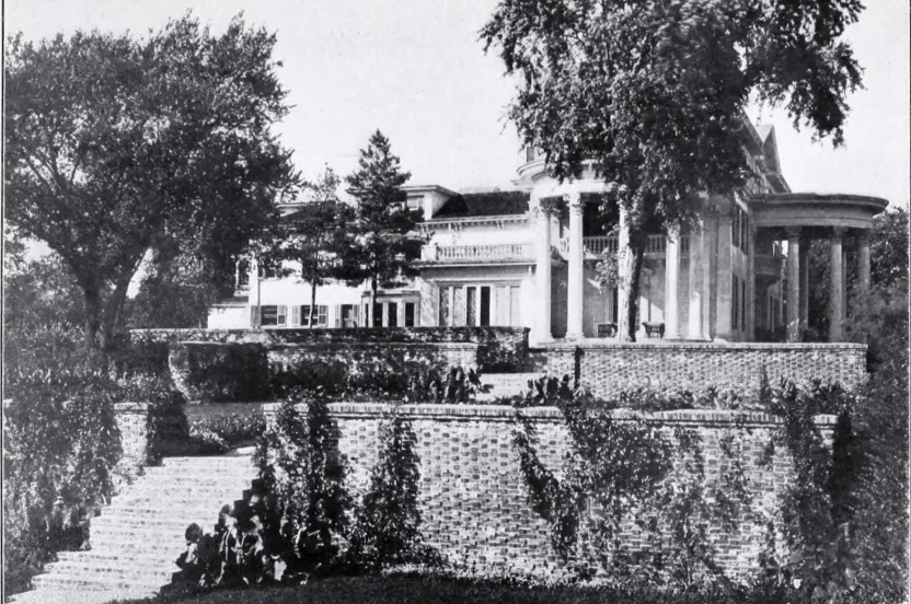 Arbor Day Farm mansion black and white photo