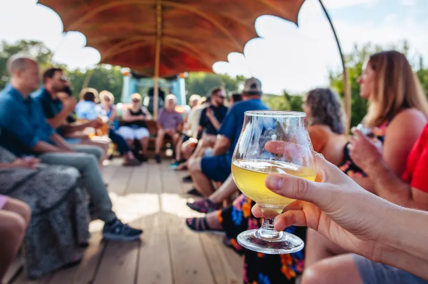 A group of people enjoying a sunny day on a wooden deck, holding drinks and sharing laughter under a decorative canopy.