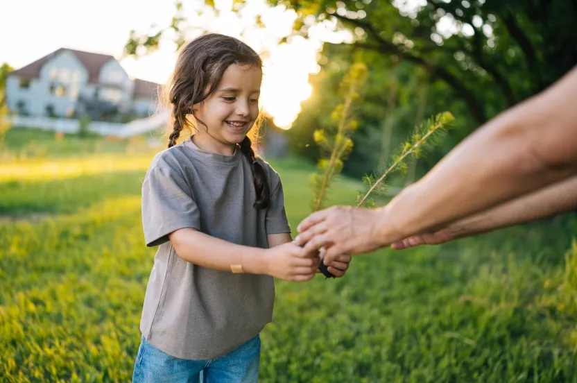 Little girl with braids in a t-shirt and jeans outside being handed a tree sapling by an adult in the sun.